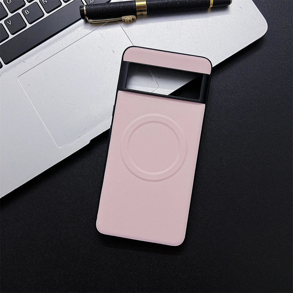 Pink smartphone case or cover with a circular design and a window for the screen.