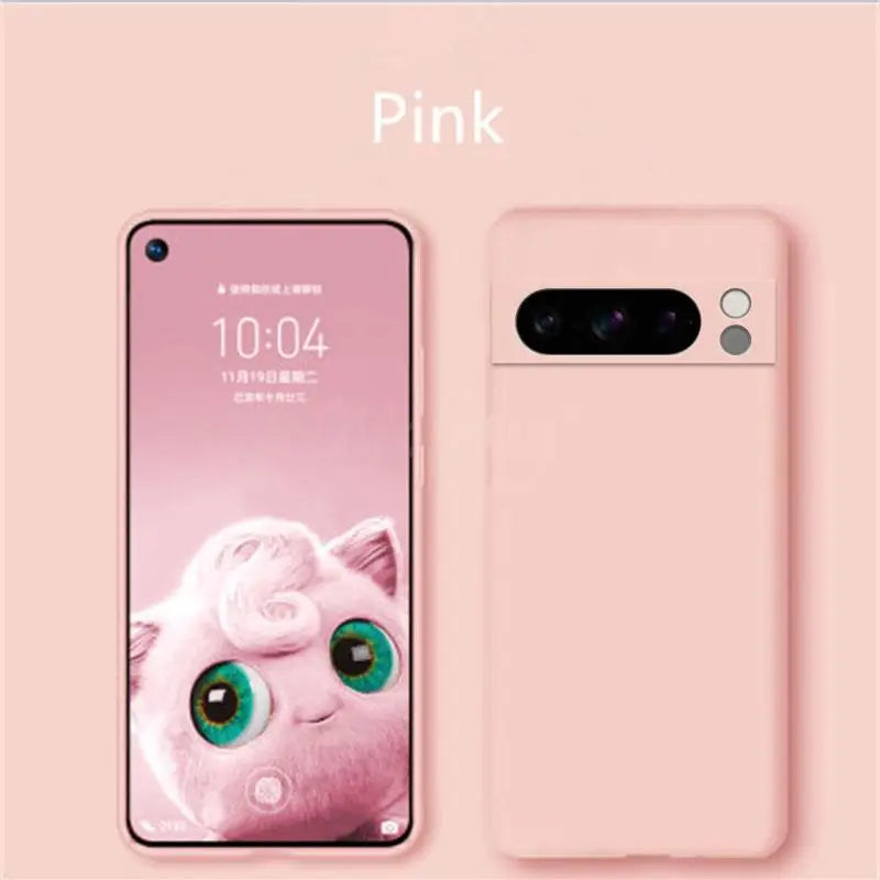 Pink smartphone with a cute cartoon animal character displayed on its screen.