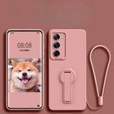 Pink smartphone and matching phone case with a kickstand and wrist strap.