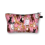 a pink cosmetic bag with a pattern of dogs on it