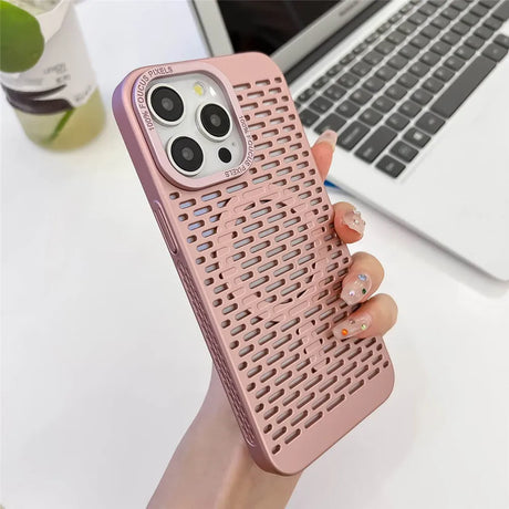 Pink textured phone case with a heart-shaped pattern and camera cutouts.