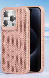 Pink textured phone case with a circular pattern and camera cutouts.