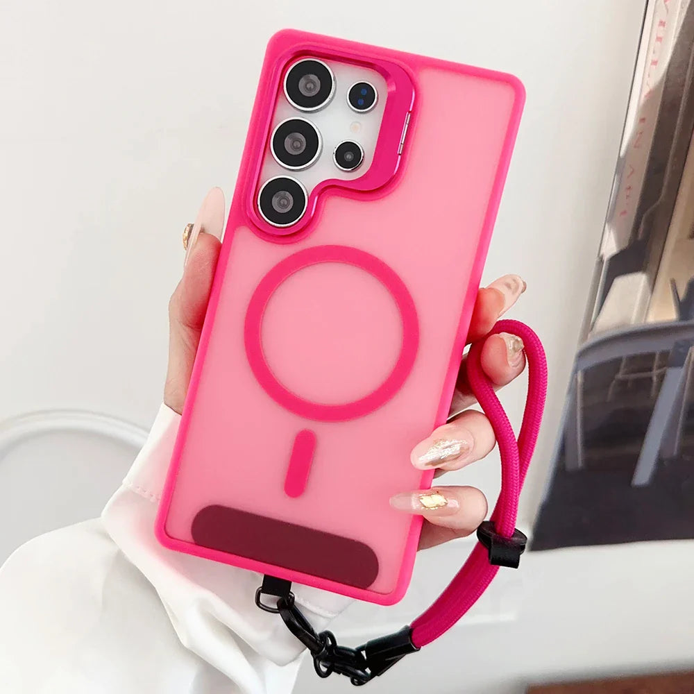 Pink translucent phone case with a camera cutout, magnetic ring, and attached lanyard.