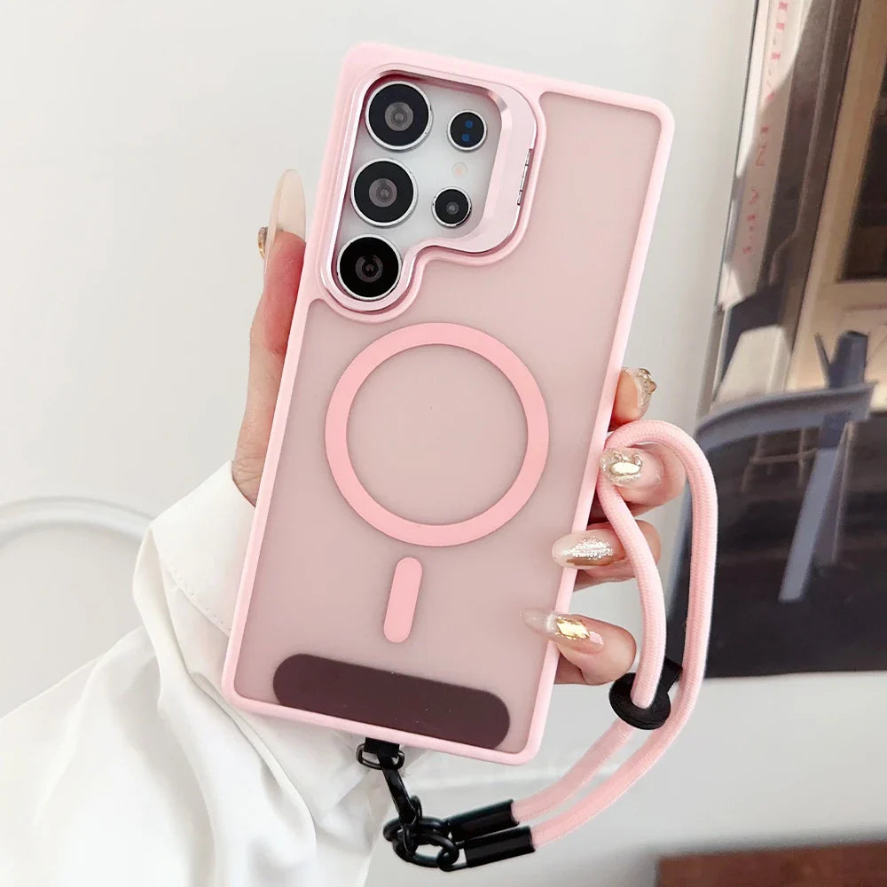 Pink translucent phone case with a camera protector and a circular magnetic ring.