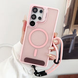 Pink translucent phone case with a camera protector and a circular magnetic ring.