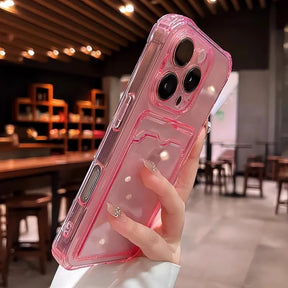Pink transparent iPhone case with a card slot.