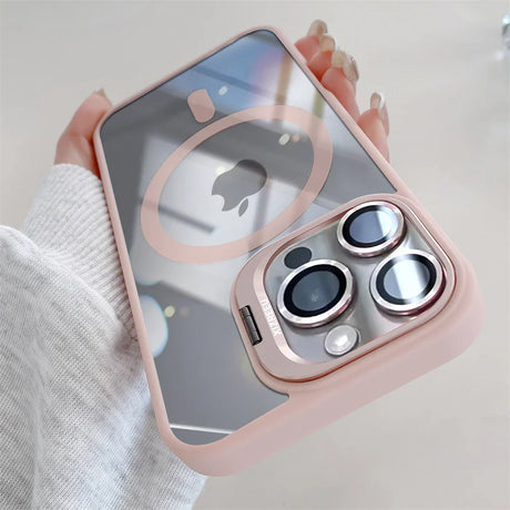 Pink-trimmed clear phone case with camera lens protection.
