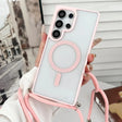 Pink-trimmed phone case with MagSafe ring and lanyard.