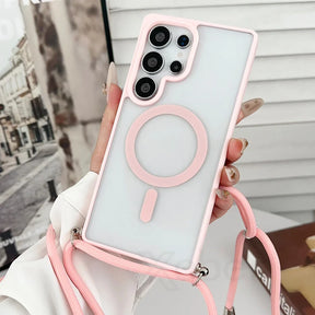 Pink-trimmed phone case with MagSafe ring and lanyard.