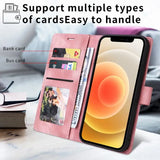 Pink wallet-style smartphone case with multiple card slots and a photo holder.