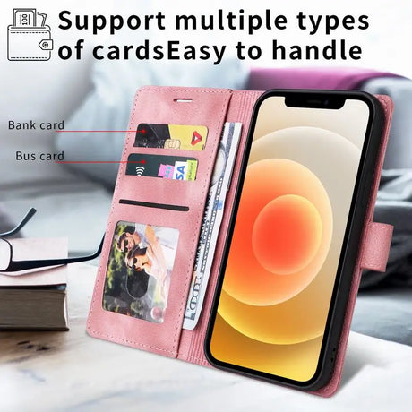 Pink wallet-style smartphone case with multiple card slots and a photo holder.