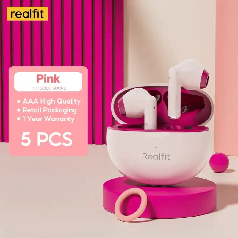 a pink and white airpods with a pink background