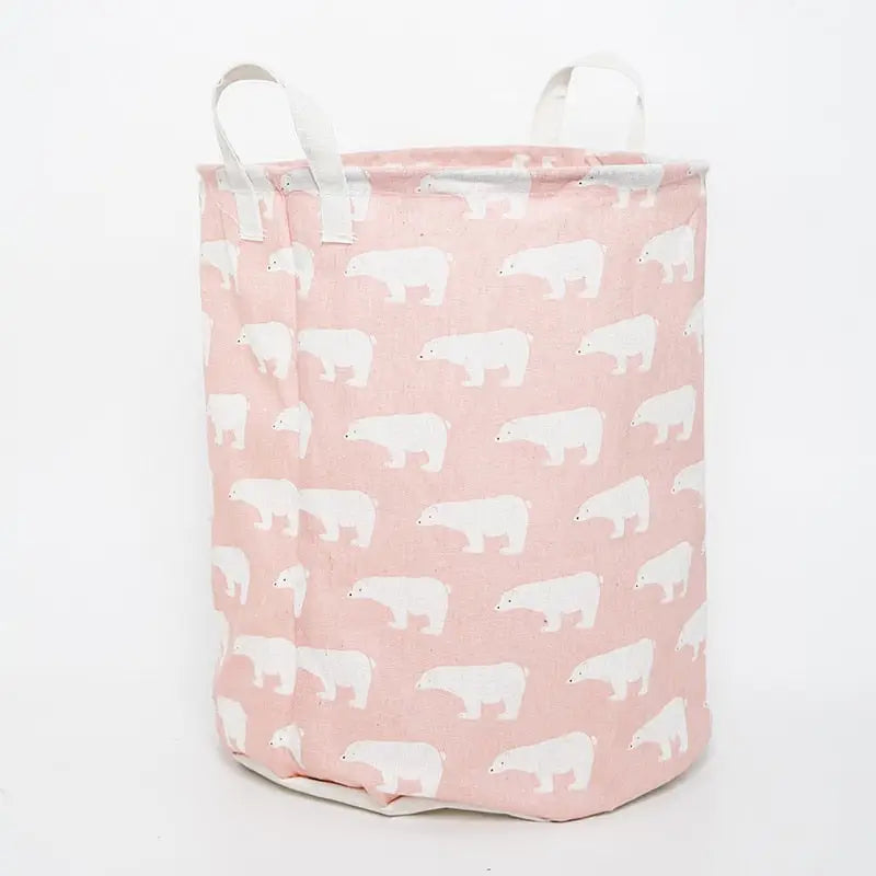 a pink and white storage bag with polar bears on it