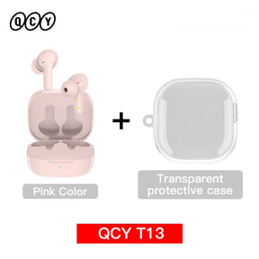 Pink wireless earbuds with transparent case.