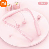 Pink wireless neckband earphones with matching earbuds.