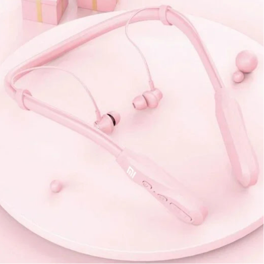 Pink wireless neckband earphones.