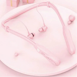 Pink wireless neckband earphones.