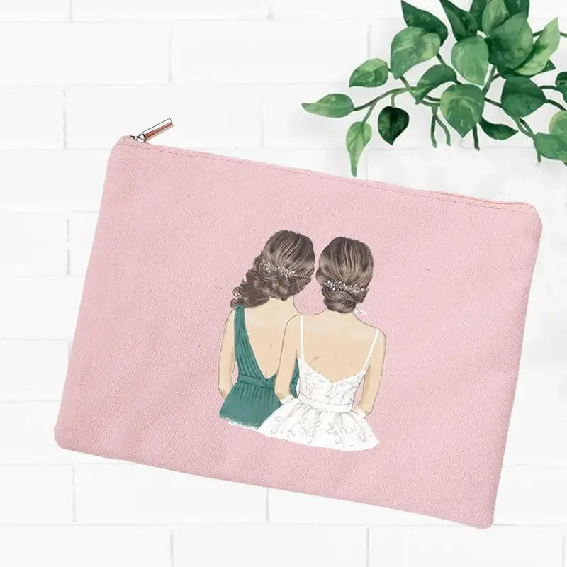 a pink zipper pouch with two women in the back