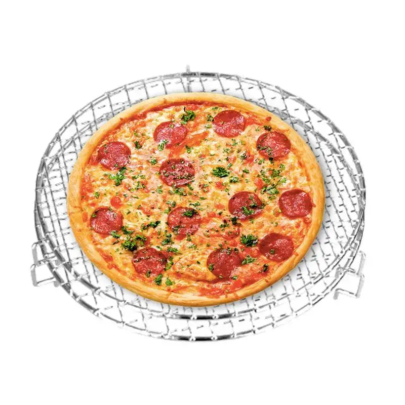 a pizza with pepperoni and cheese on a cooling rack