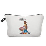 a white cosmetic bag with a cartoon girl holding flowers