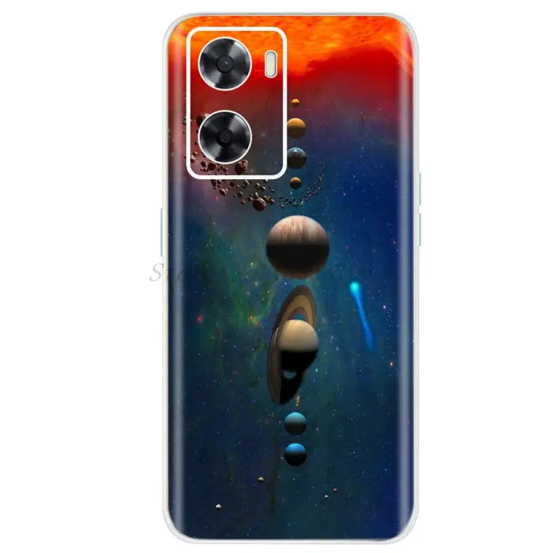 a close up of a cell phone with a picture of planets