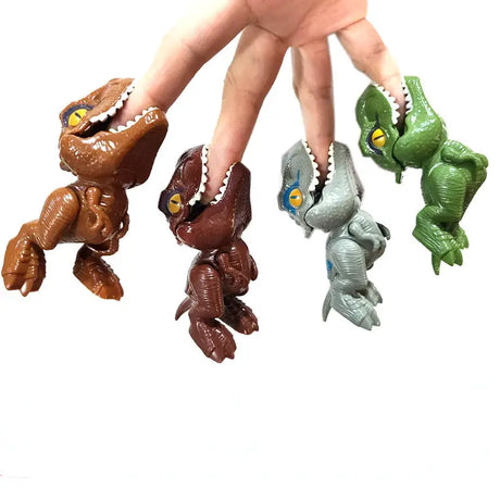 a hand holding five small dinosaurs