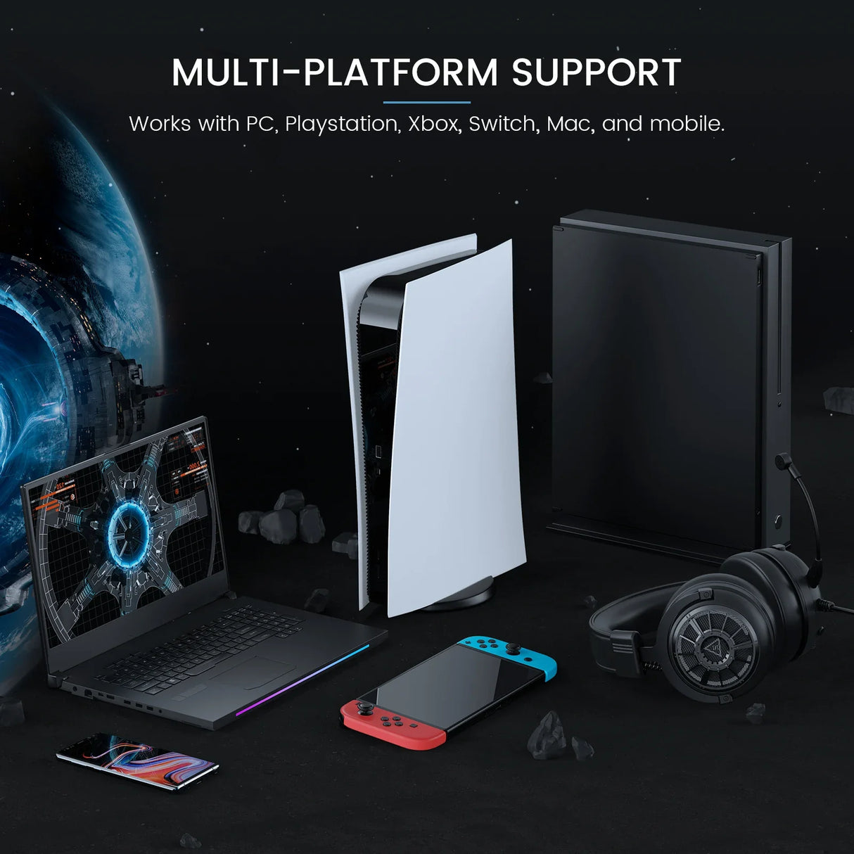 PlayStation 5 console standing vertically between other gaming devices and accessories.