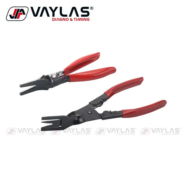 two red pliers with black handles and a black handle