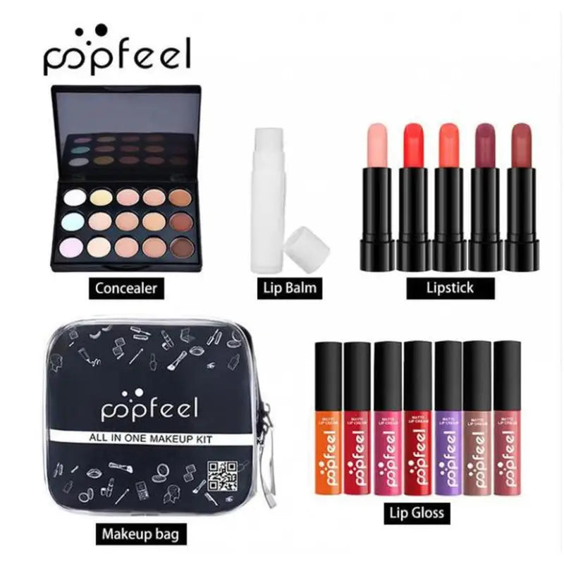 a set of cosmetics products including lipstick, lipstick, eye shadow and lip gloss