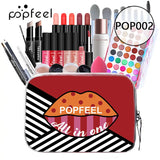 a red and black bag with makeup products