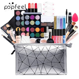 a silver bag filled with makeup and cosmetics