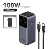 Portable 100W power bank with 12000mAh capacity and digital display.