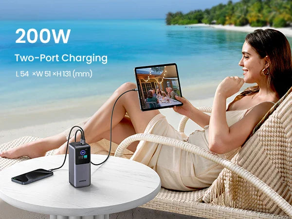 Portable battery charger with 200W two-port charging capability.