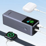 Portable battery charger with a digital display and multiple charging ports.