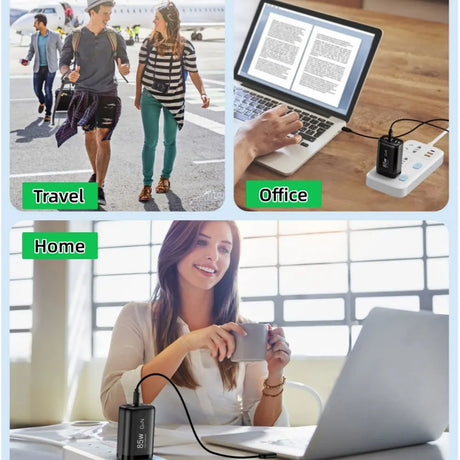 Portable battery charger shown in different environments: travel, office, and home.