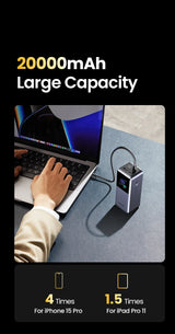 Portable battery charger or power bank with 20000mAh capacity.