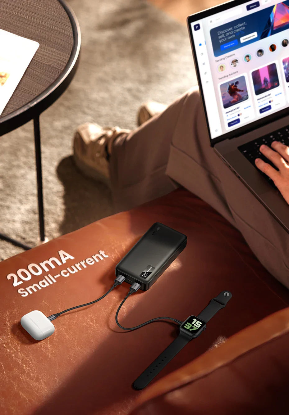 Portable battery charger or power bank connected to various devices.