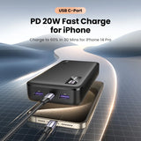 Portable battery charger with USB-C port for fast charging iPhones.