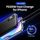 Portable battery charger with USB-C port for fast charging iPhones.