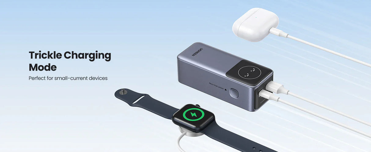 Portable battery pack with a connected Apple Watch and charging cable.