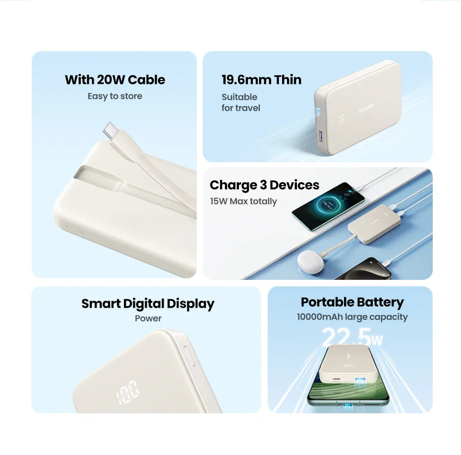 Portable battery pack with multiple features highlighted in separate panels.