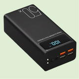 Portable battery pack or power bank with digital display and USB ports.