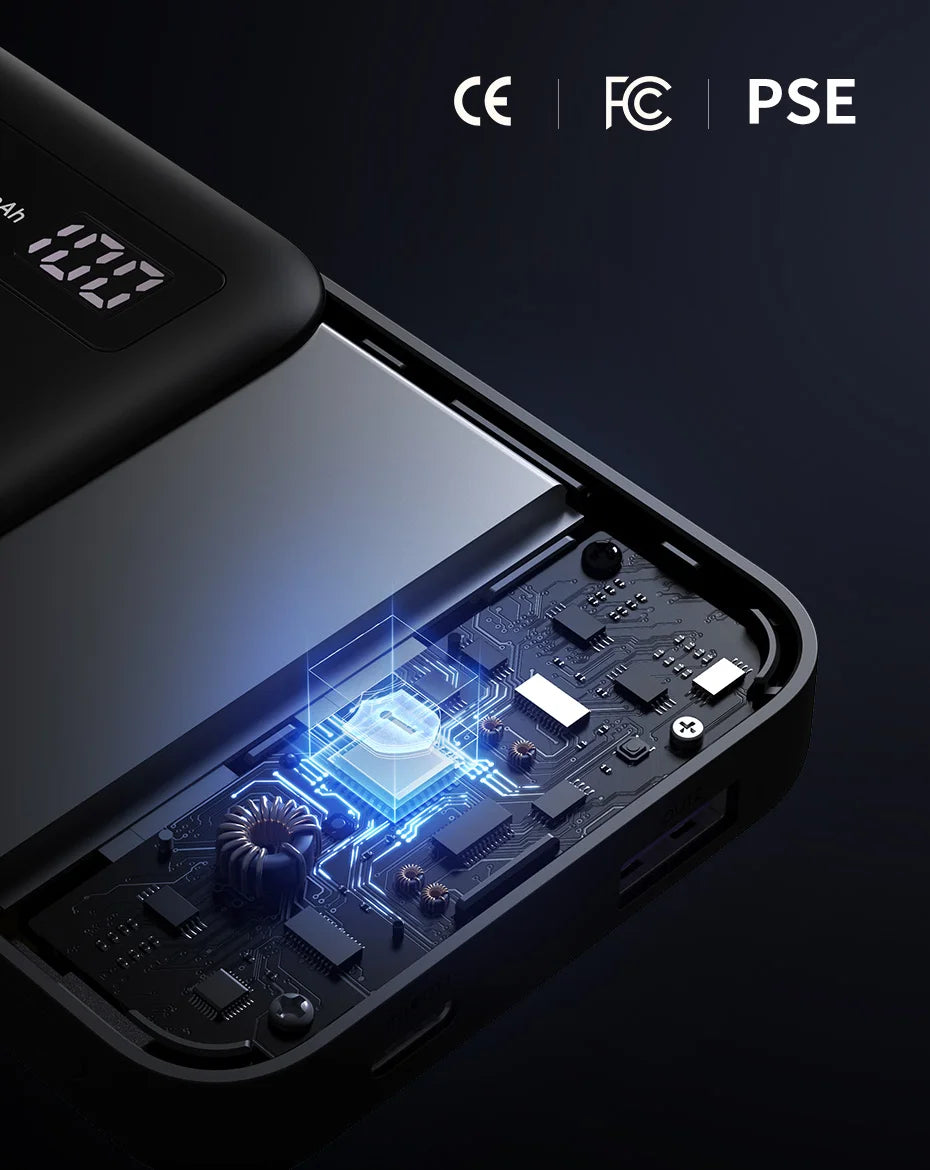 Portable battery pack or power bank with internal circuitry visible through a transparent section.