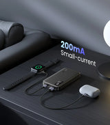 Portable battery pack or power bank with connected devices.