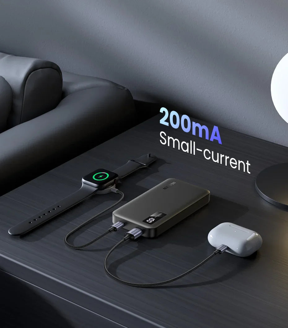 Portable battery pack or power bank with connected devices.