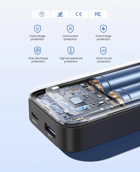 Portable battery pack or power bank with exposed internal components and safety feature icons.