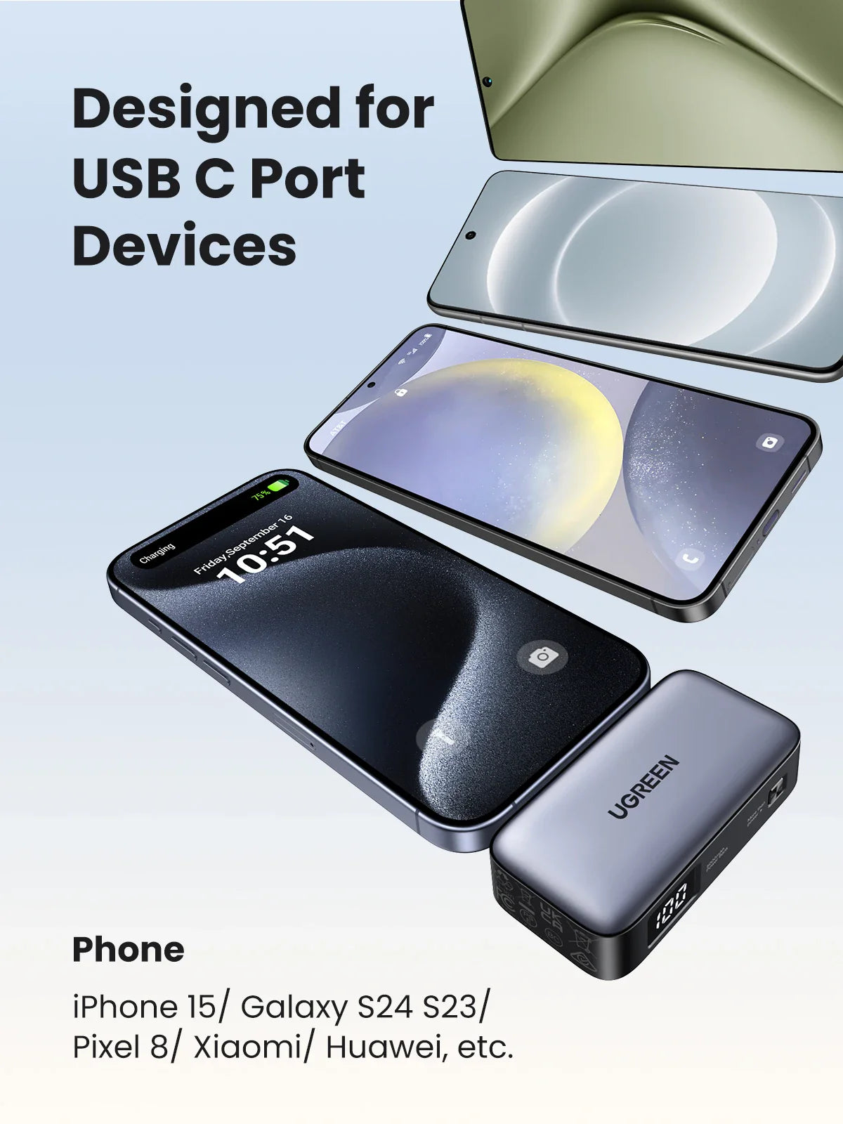 Portable battery pack or power bank for charging USB-C devices.