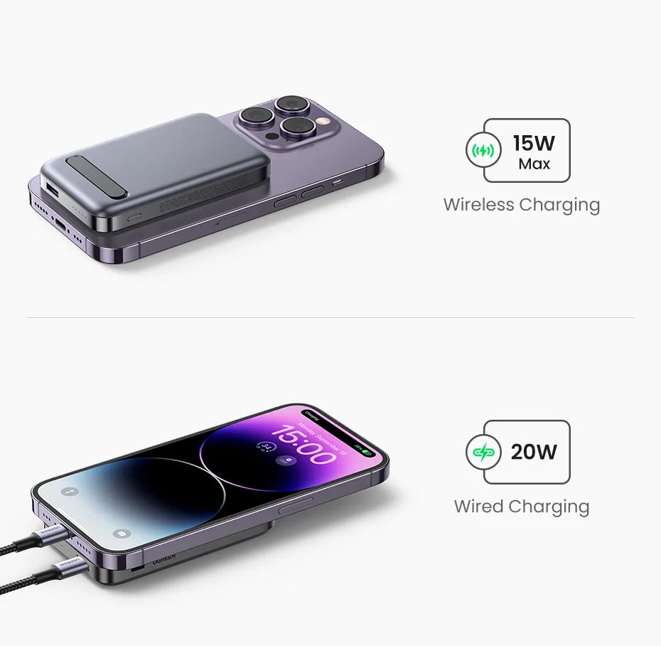 Portable battery pack with wireless and wired charging capabilities for smartphones.