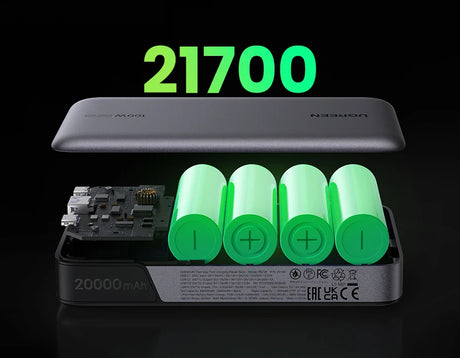 Portable battery power bank with four cylindrical cells and a digital capacity display.