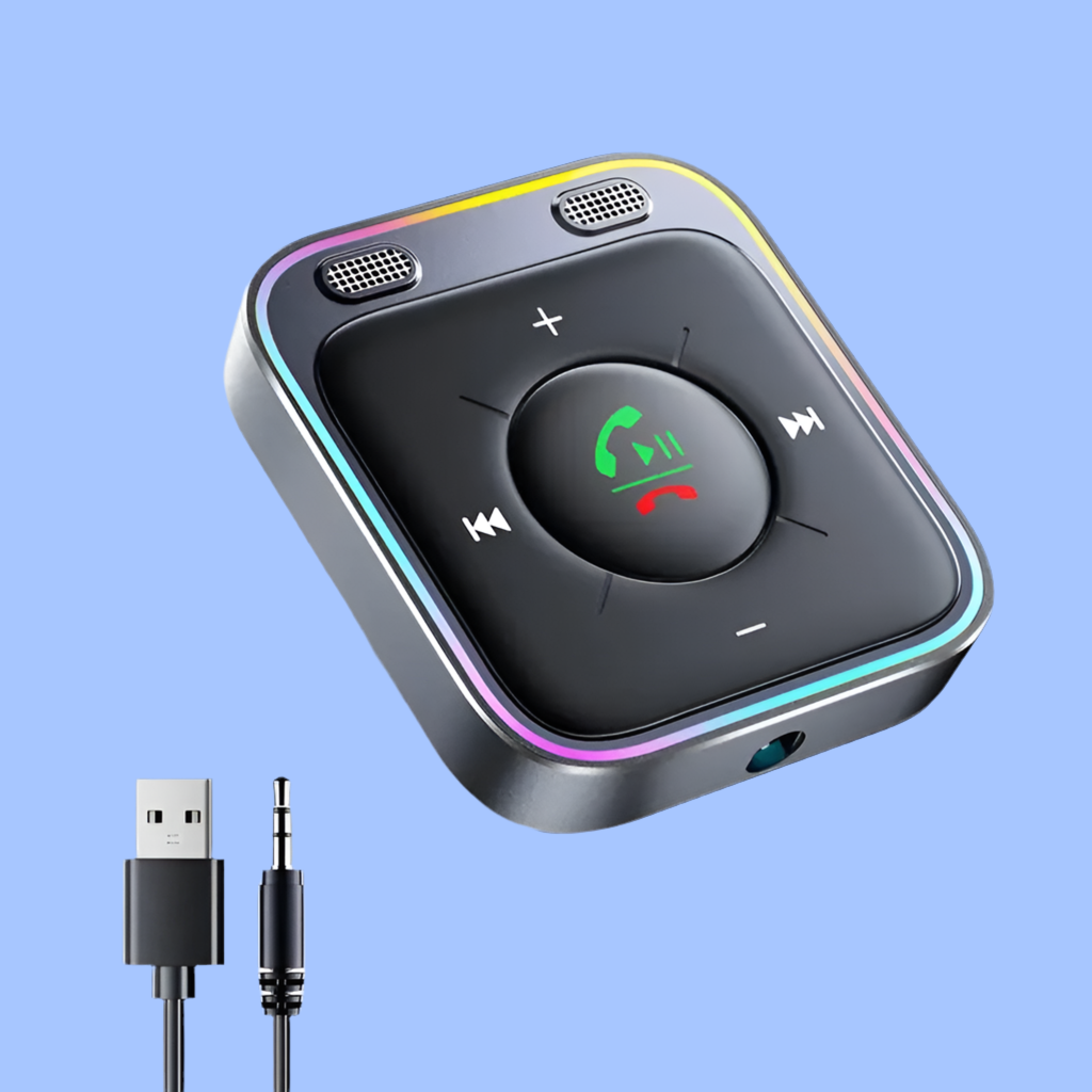 Portable Bluetooth audio receiver with control buttons and colorful LED edge lighting.